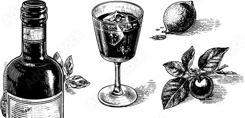 Classic vermouth bottle and cocktail engraved illustration for drinks and bar decor