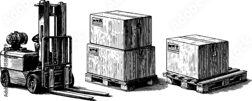 Vintage engraved warehouse equipment set featuring pallet jacks and crates for industrial design