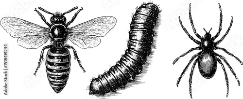 Intricate nature engraving of wasp, caterpillar, and spider for artistic projects