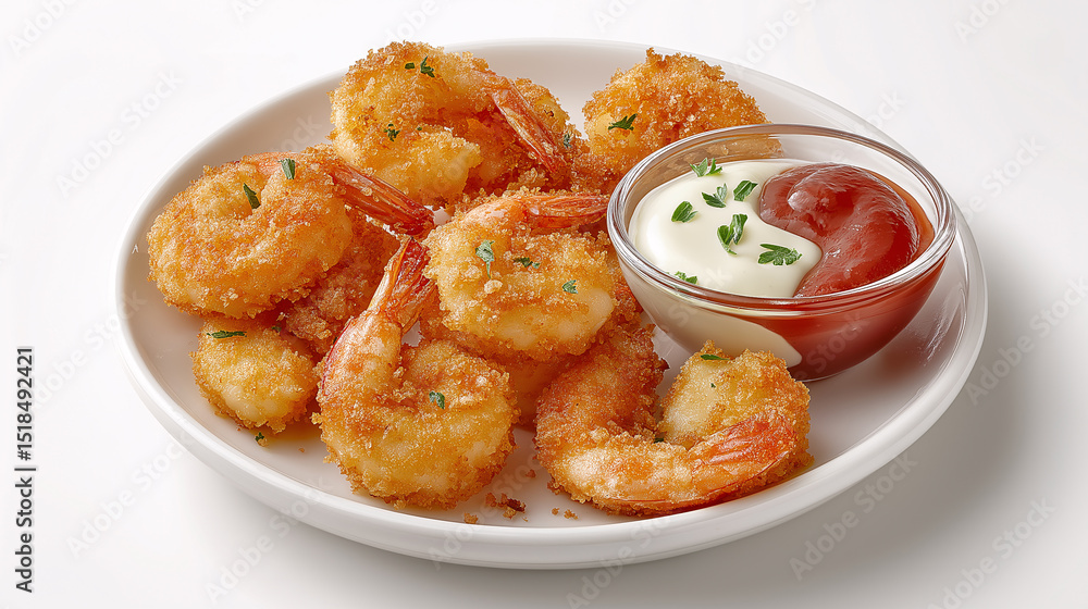 Golden Shrimp Platter: A close-up shot captures a mouthwatering display of golden-fried shrimp, artfully arranged on a pristine white plate, served with dipping sauces Golden Shrimp Platter: A close-up shot captures a mouthwatering display of golden-fried shrimp, artfully arranged on a pristine white plate, served with dipping sauces