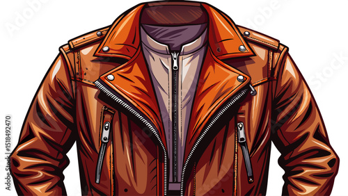 Close-up of a rich brown leather jacket with zip details, set against a white background, emphasizing rugged texture, classic cut, and a bold statement in European and American streetwear.