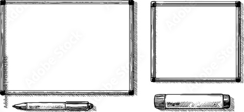 Engraved black and white illustration of whiteboard and notepad with marker and eraser