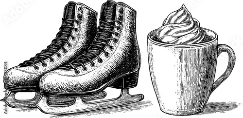 Winter festival ice skates and hot beverage design for seasonal celebrations