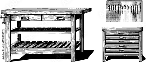 Engraved workshop bench and tool cabinet illustration set for creative design projects
