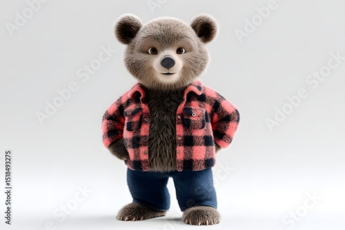 Cute teddy bear toy in plaid shirt, Isolated plush character portrait, Adorable stuffed animal on gray studio background, Commercial kids mockup