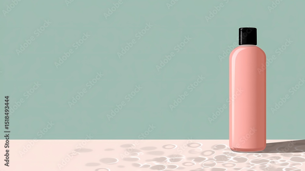 A refined minimalist mockup of a blush pink cosmetic bottle with sleek black cap, elegantly placed on a white surface against a soothing pastel green background. This clean beauty product illustration A refined minimalist mockup of a blush pink cosmetic bottle with sleek black cap, elegantly placed on a white surface against a soothing pastel green background. This clean beauty product illustration