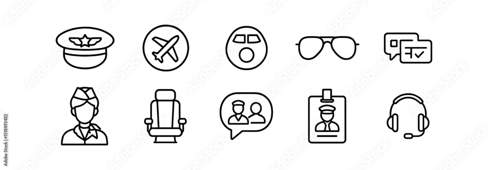 Fototapeta premium Aviation, travel line icon set. airline, pilot, headset, flight icons outline collection
