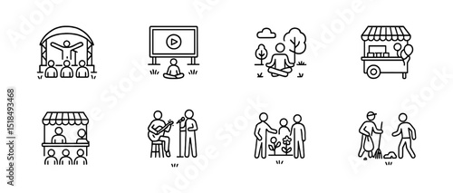 Community activity outline icon set. social events, teamwork symbols outline collection