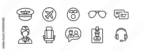 Aviation, travel line icon set. airline, pilot, headset, flight icons outline collection