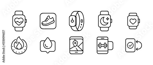 Fitness and health line icon set. wearable, exercise, wellness, smartwatch icons collection