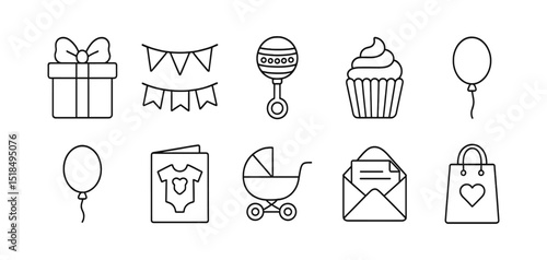 Baby shower linear icon set. gifts, decorations, party, celebration outline collection