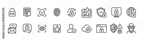 Security and privacy icon set. protection, cyber security, access line icons collection
