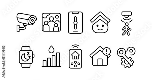 Home security and smart technology outline icon set for modern living convenience
