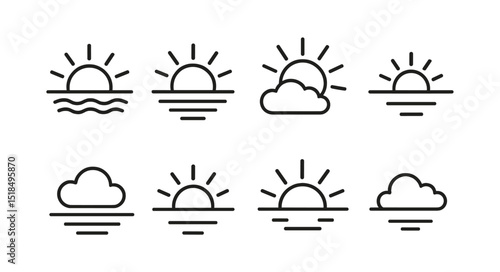 Weather outline icon set: sun, cloud, sunrise, sunset, atmospheric symbols collection