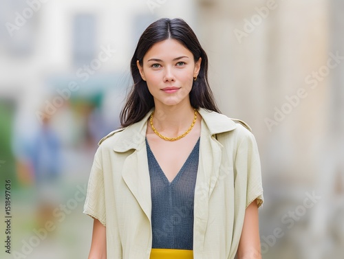 Woman with long dark hair and beige jacket, Outdoor city street style, Modern fashion portrait, Confident expression, Soft background blur, Urban lifestyle, Copy space for text

