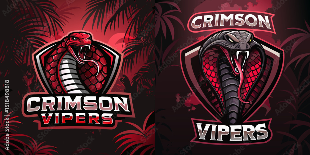 Venomous Crimson Vipers mascot logos with red scales and fanged mouth, perfect for elite gaming squads or wild digital fantasy design, vector Venomous Crimson Vipers mascot logos with red scales and fanged mouth, perfect for elite gaming squads or wild digital fantasy design, vector