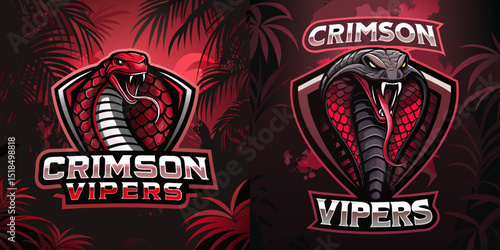 Venomous Crimson Vipers mascot logos with red scales and fanged mouth, perfect for elite gaming squads or wild digital fantasy design, vector