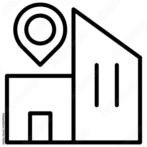 Office Location - outline style icon - Office building with a map pin, representing physical address or business headquarters