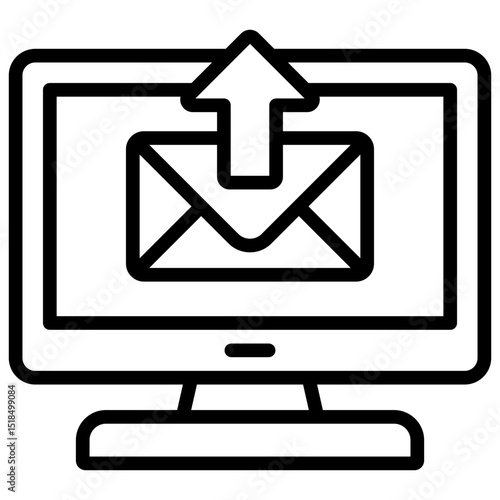 Send Email Online - outline style icon - Computer screen with outgoing envelope, representing web-based email sending