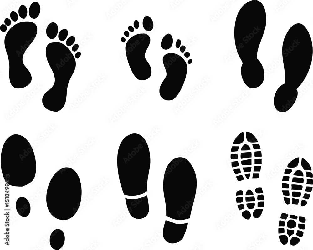Collection of various black footprints and shoe prints Collection of various black footprints and shoe prints