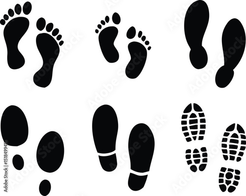 Collection of various black footprints and shoe prints