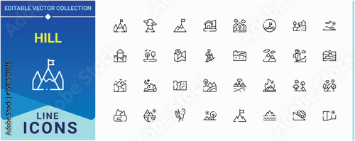 Hill icon. Pack of rock, travel, climbing, mountain, tourism and more. Mountain icon set. Minimalist linear icons. Vector illustration in modern line style.
