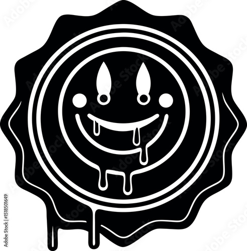 Melting smiley badge vector icon white background