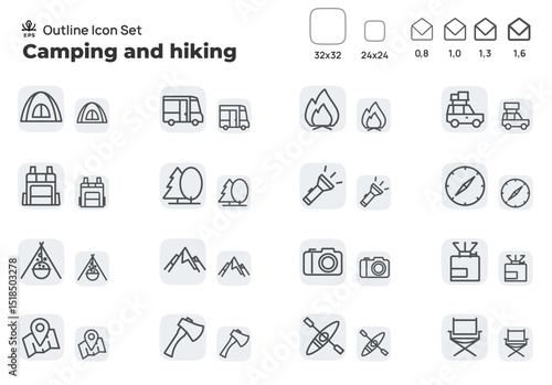 Camping in national parks in nature. Concept editable stroke outline icons set isolated on white background flat vector illustration. Pixel perfect
