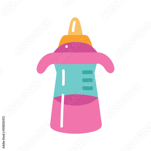 Bottle illustration with spout and handles — pink baby sippy cup isolated for feeding, parenting and kids product design in flat cartoon style
