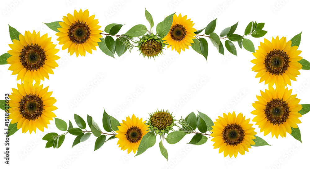Golden sunflowers and lush green leaves create a cheerful frame heralding sunny days and on transparent background Golden sunflowers and lush green leaves create a cheerful frame heralding sunny days and on transparent background