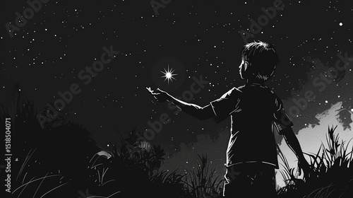 A child reaches for a star, the subject matter of a possible AI-generated image. The image is monochrome and has a magical, dreamlike quality. 
