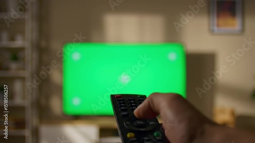 Hand holding a TV remote control with green screen, changing channels with finger pressing buttons for home entertainment