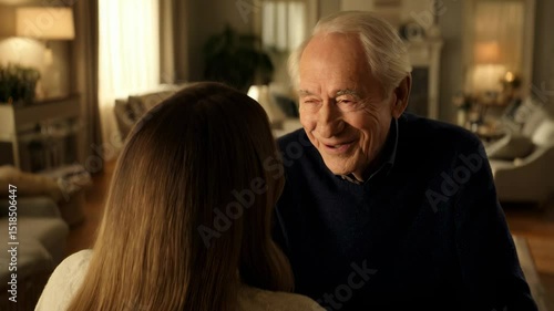 Elderly White man smiling kindly in warm home interior while having relaxed conversation with guest in cozy living room