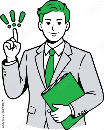 Businessman with a green folder pointing at a lightbulb
