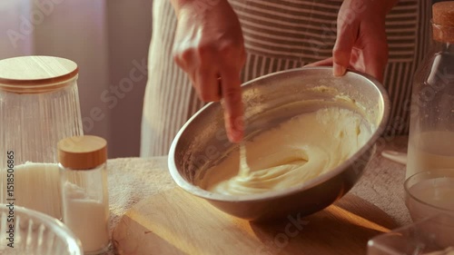 Wallpaper Mural A baker's hands stir a creamy batter in a metal mixing bowl, highlighting the texture and smooth consistency, surrounded by other baking ingredients. Torontodigital.ca