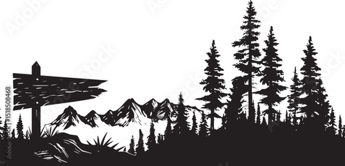 Black and white silhouette of a mountainous landscape with pine trees and a wooden signpost in wilderness.