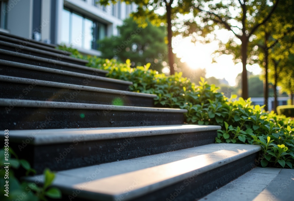 Obraz premium Sunlight illuminating stone steps surrounded by lush greenery