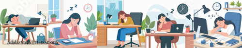 Vector of a woman asleep on a desk.