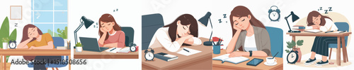 Vector of a woman asleep on a desk.