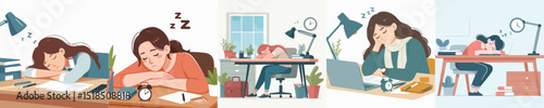 Vector of a woman asleep on a desk.