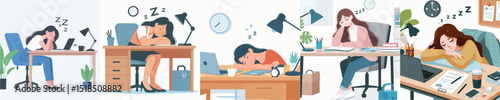 Vector of a woman asleep on a desk.
