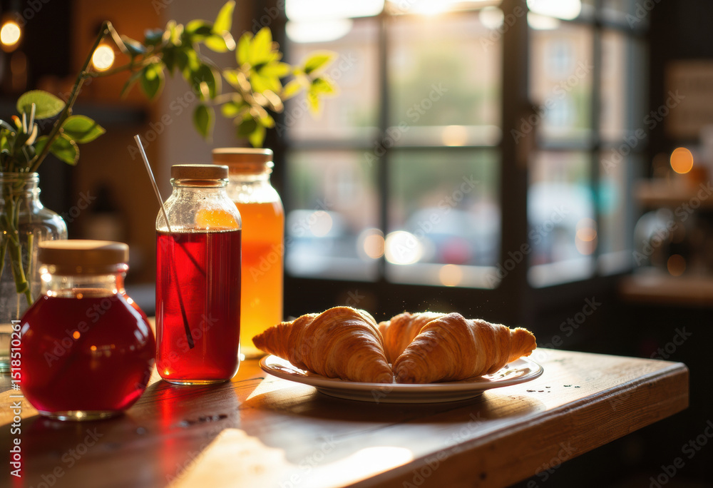 Fresh croissants and colorful jars of juice on a wooden table in a cozy cafe setting Fresh croissants and colorful jars of juice on a wooden table in a cozy cafe setting
