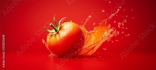 A fresh tomato splashes into red juice, captured mid-air on a vivid red background. © Ina Krel