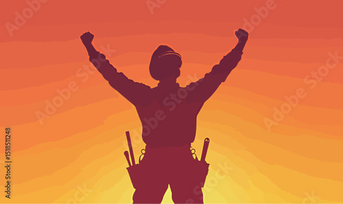 Silhouette of a triumphant soldier celebrating victory against a sunset backdrop.