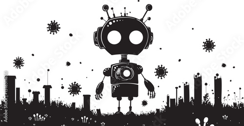 Silhouette of a cartoon robot standing in a futuristic landscape with abstract shapes and floating orbs
