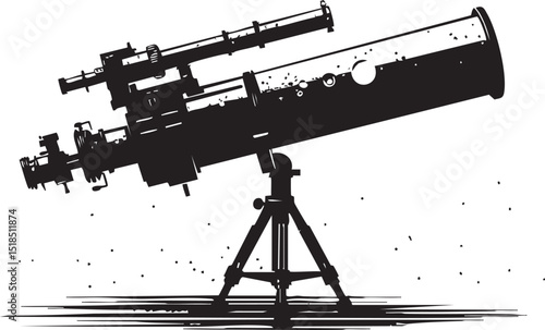 Black and white silhouette illustration of a telescope on a tripod used for astronomical observation and stargazing