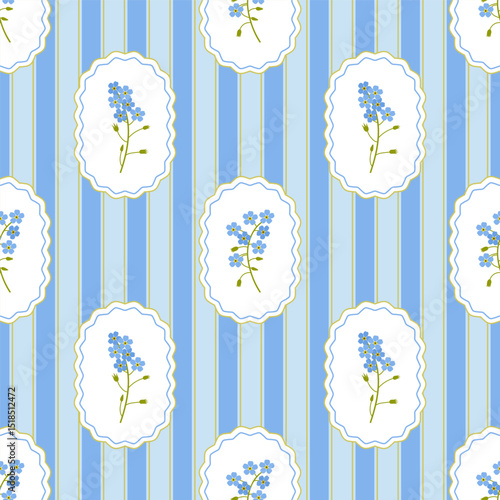 Coquette trellis myosotis in frames, floral seamless pattern on striped background. Vector Illustration