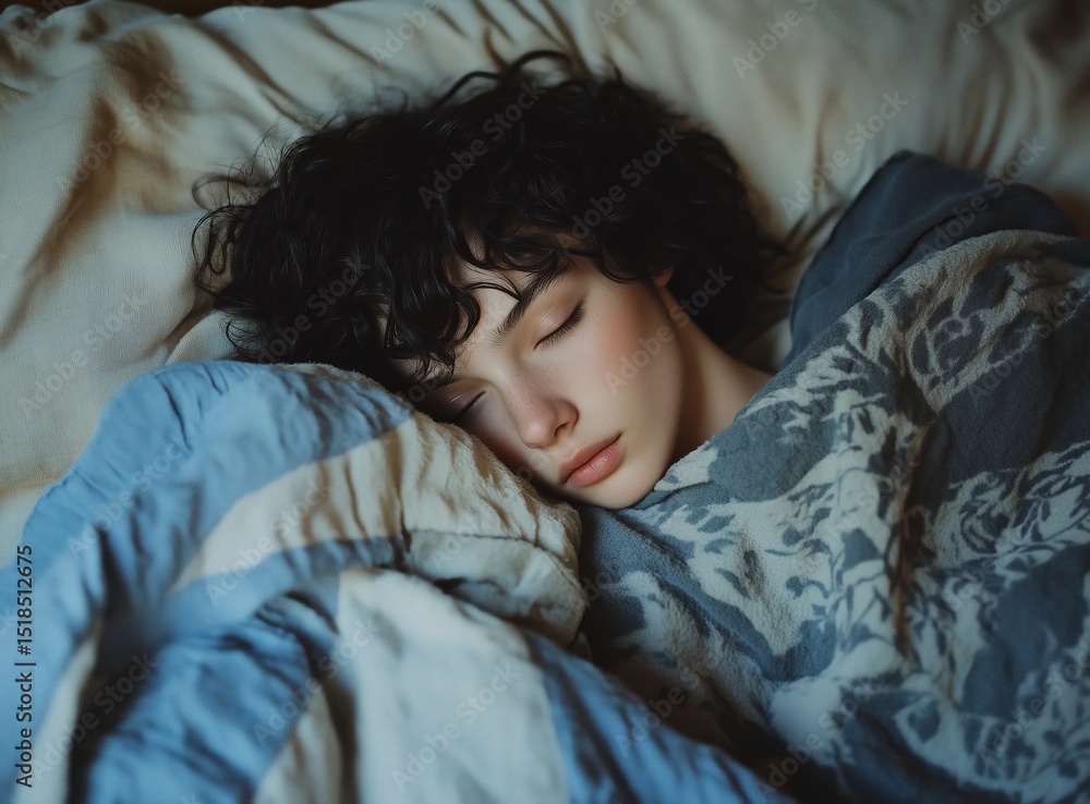 Young person peacefully sleeping under cozy blankets in a softly lit bedroom during nighttime Young person peacefully sleeping under cozy blankets in a softly lit bedroom during nighttime