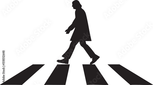 Silhouette of a person walking across a zebra crosswalk on a street in an urban setting