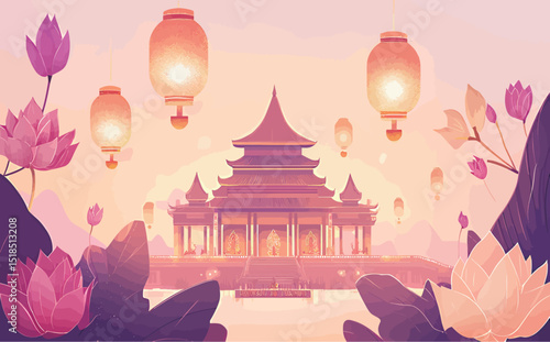 Stunning digital illustration of a serene temple surrounded by lanterns and lotus flowers.